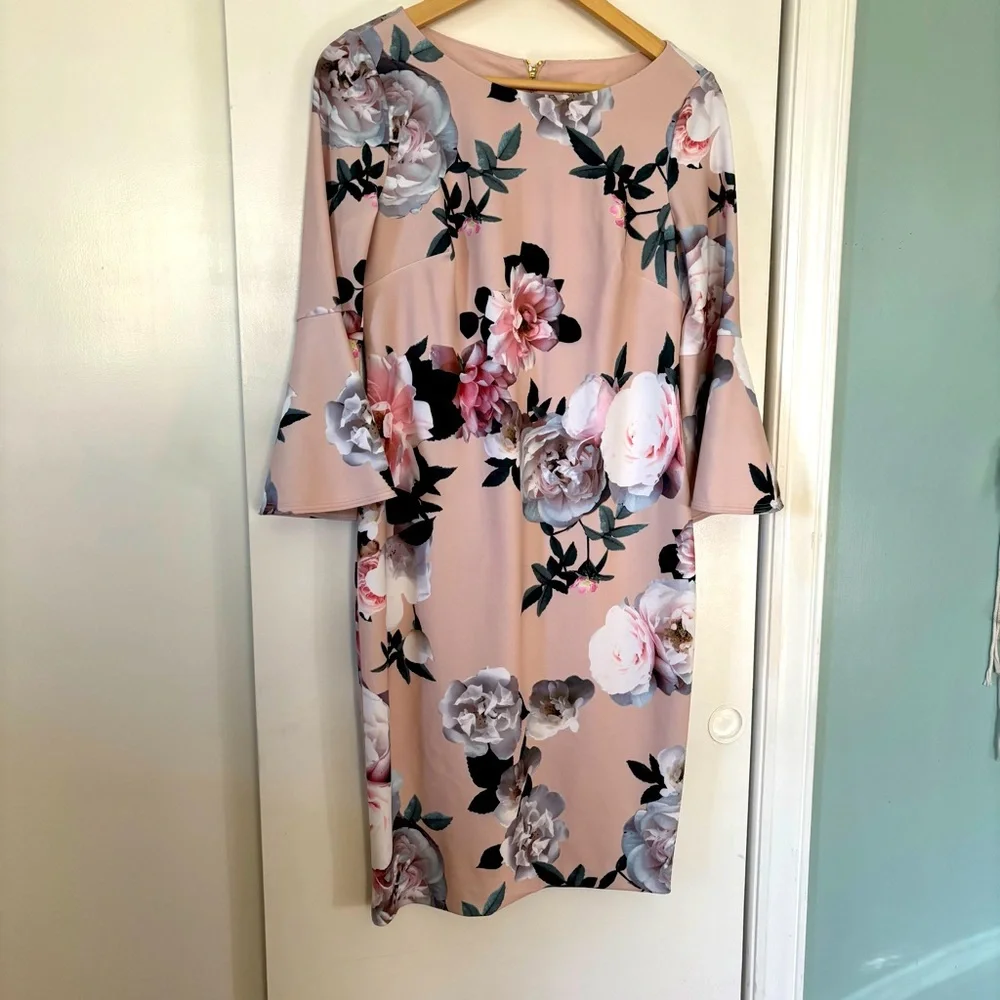 Calvin Klein Floral Bell Sleeve Dress Size 8 - Picture 2 of 13